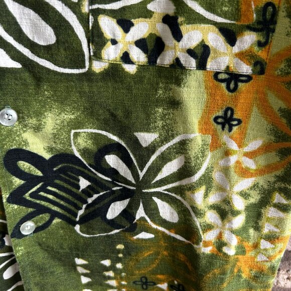 Vintage 60's Hawaiian Green Tribal Barkcloth Loop Collar Sears Shirt - Picture 8 of 12